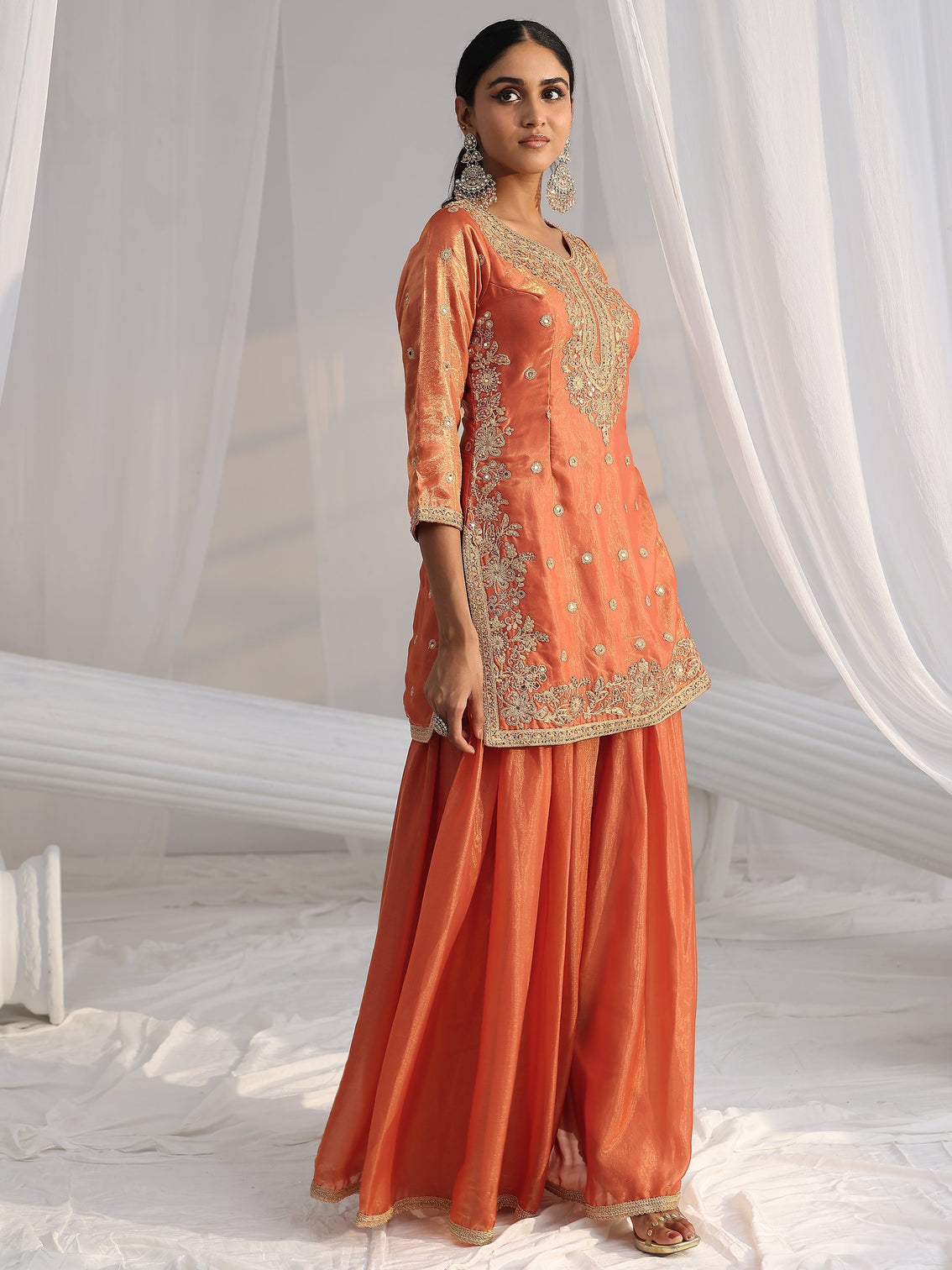 Mameraa Art Orange Embellished Silk Blend Palazzo Suit Set