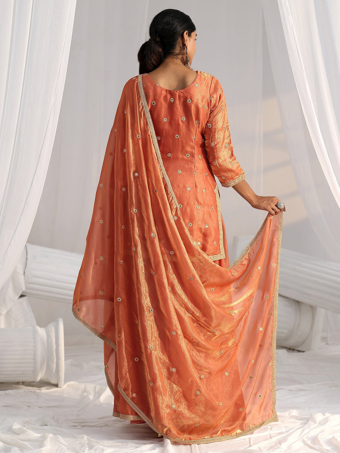 Mameraa Art Orange Embellished Silk Blend Palazzo Suit Set