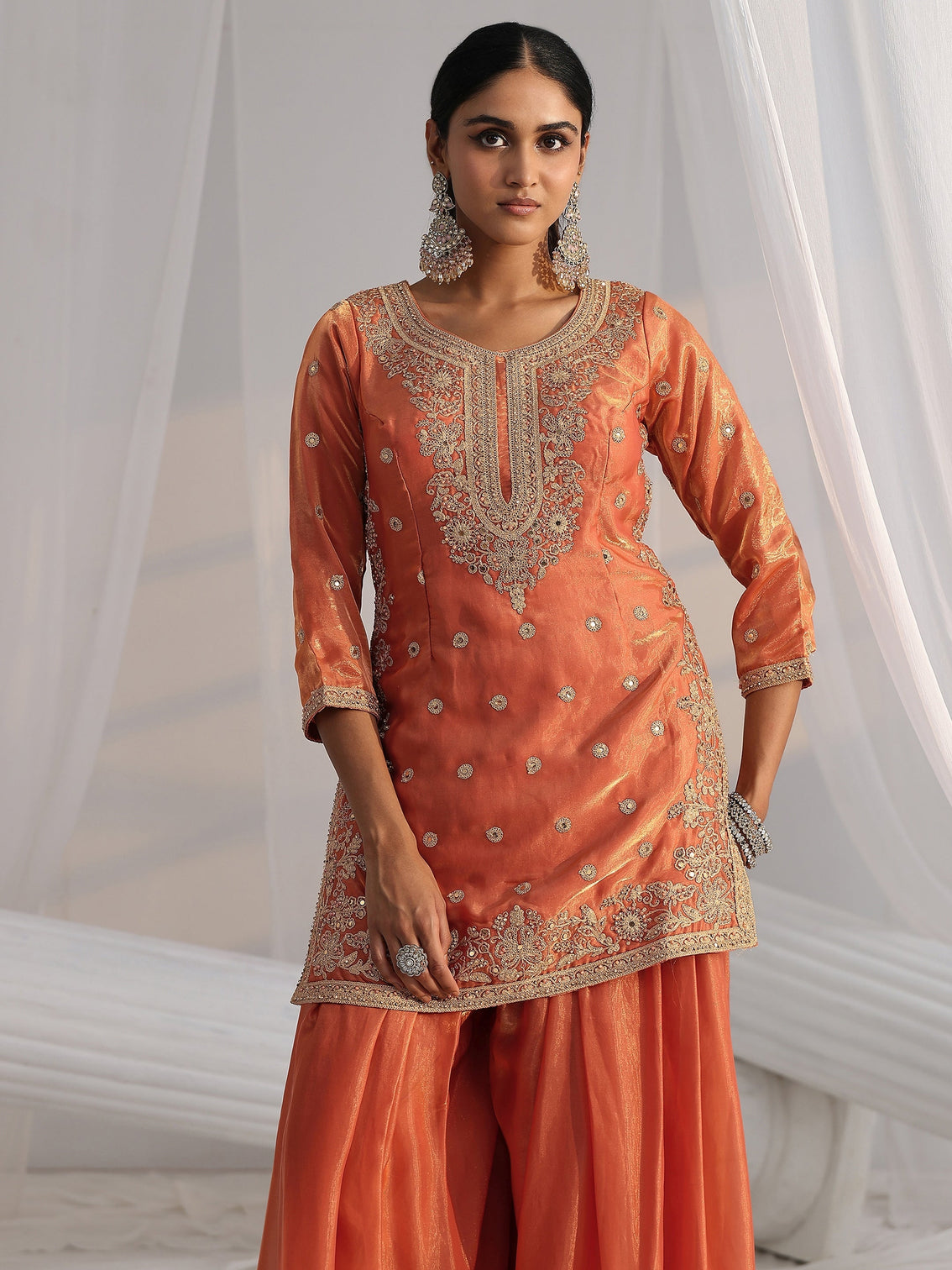 Mameraa Art Orange Embellished Silk Blend Palazzo Suit Set