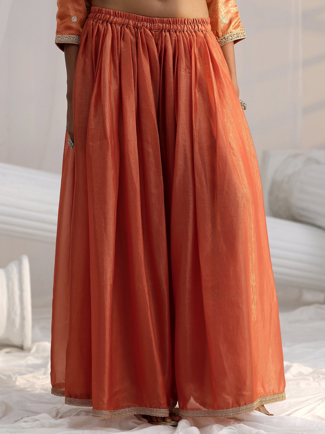 Mameraa Art Orange Embellished Silk Blend Palazzo Suit Set
