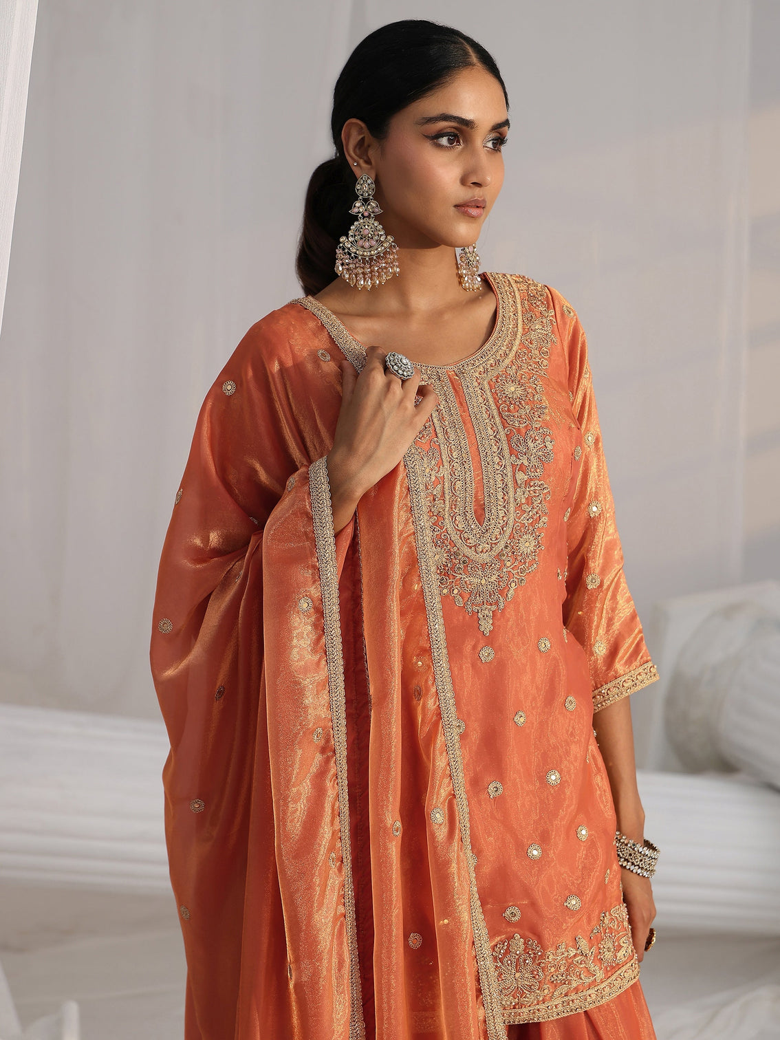 Mameraa Art Orange Embellished Silk Blend Palazzo Suit Set