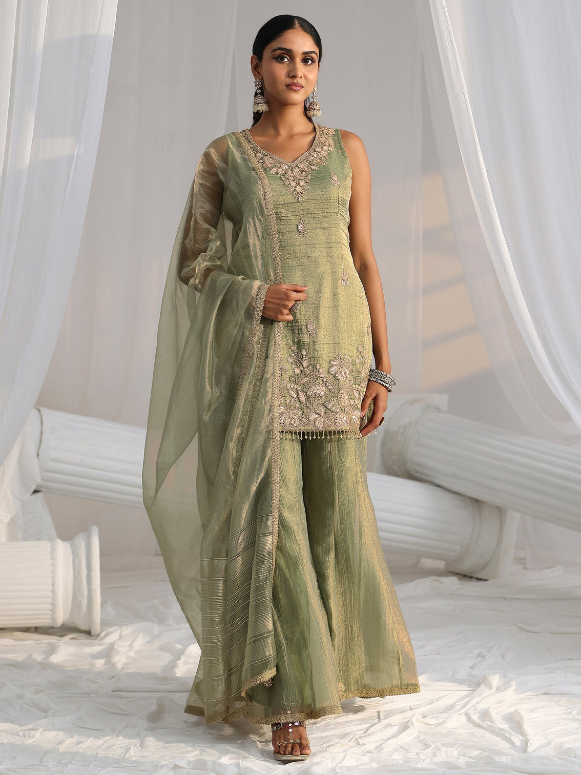 Mameraa Art Olive Green Embroidered Sleeveless Tissue Sharara Suit Set