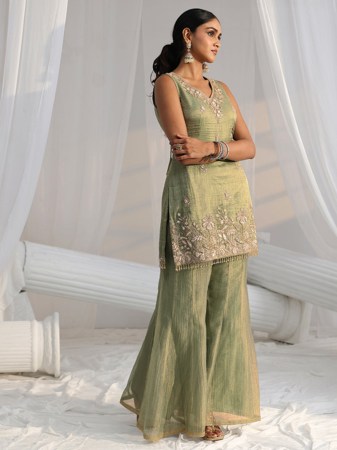 Mameraa Art Olive Green Embroidered Sleeveless Tissue Sharara Suit Set