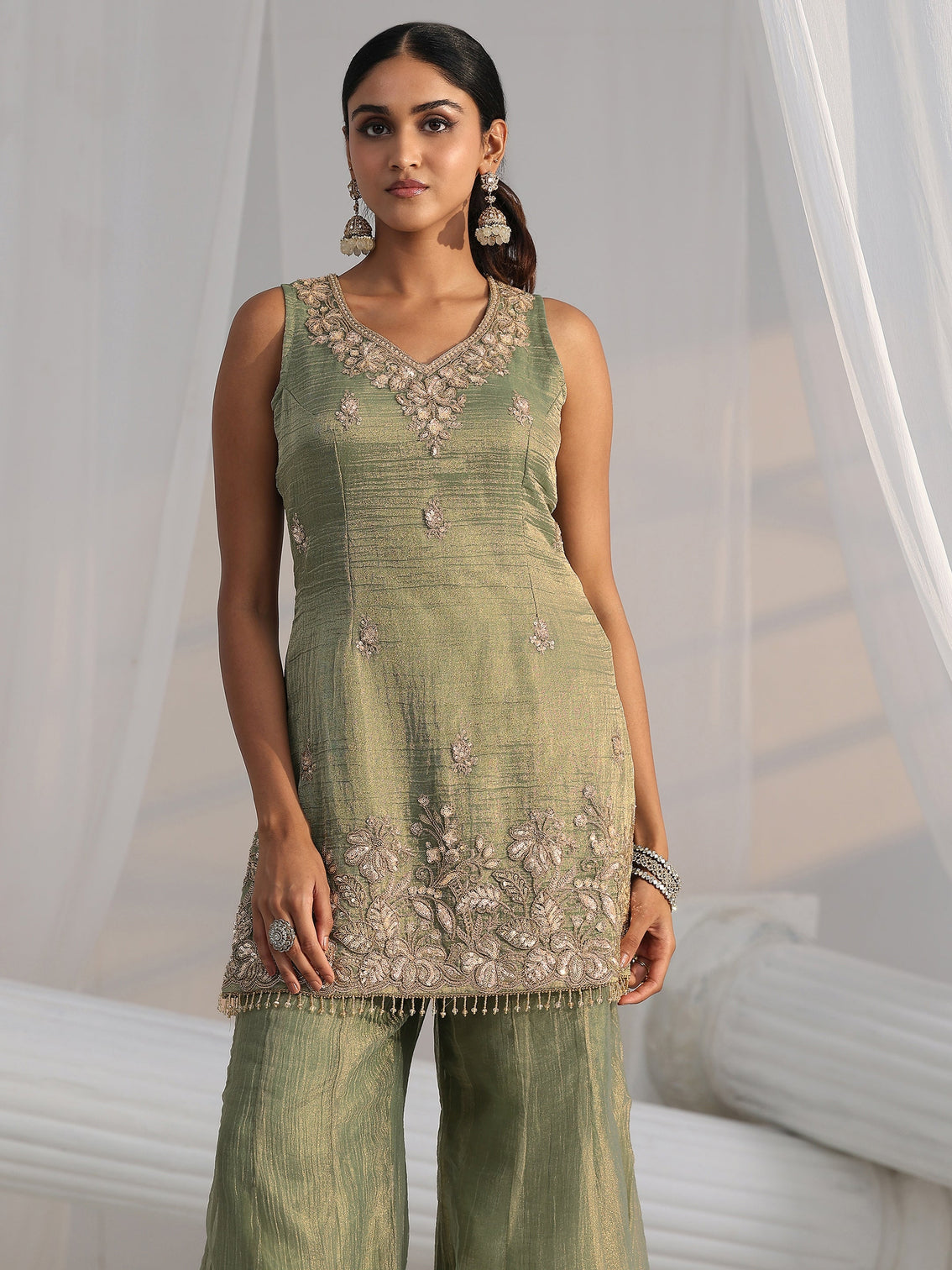 Mameraa Art Olive Green Embroidered Sleeveless Tissue Sharara Suit Set