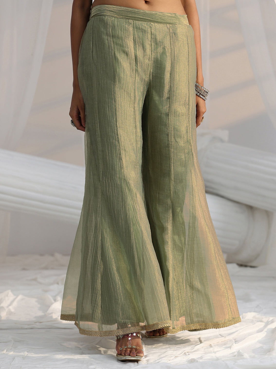 Mameraa Art Olive Green Embroidered Sleeveless Tissue Sharara Suit Set