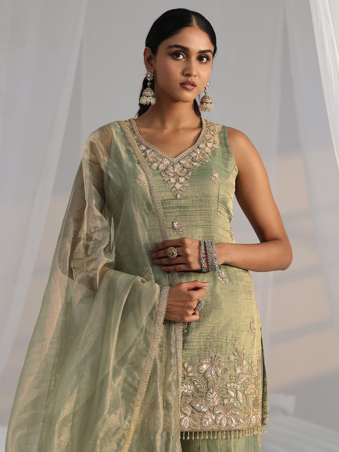 Mameraa Art Olive Green Embroidered Sleeveless Tissue Sharara Suit Set