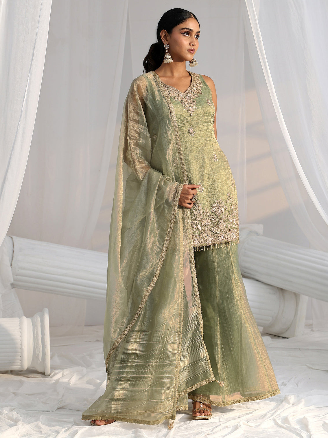 Mameraa Art Olive Green Embroidered Sleeveless Tissue Sharara Suit Set