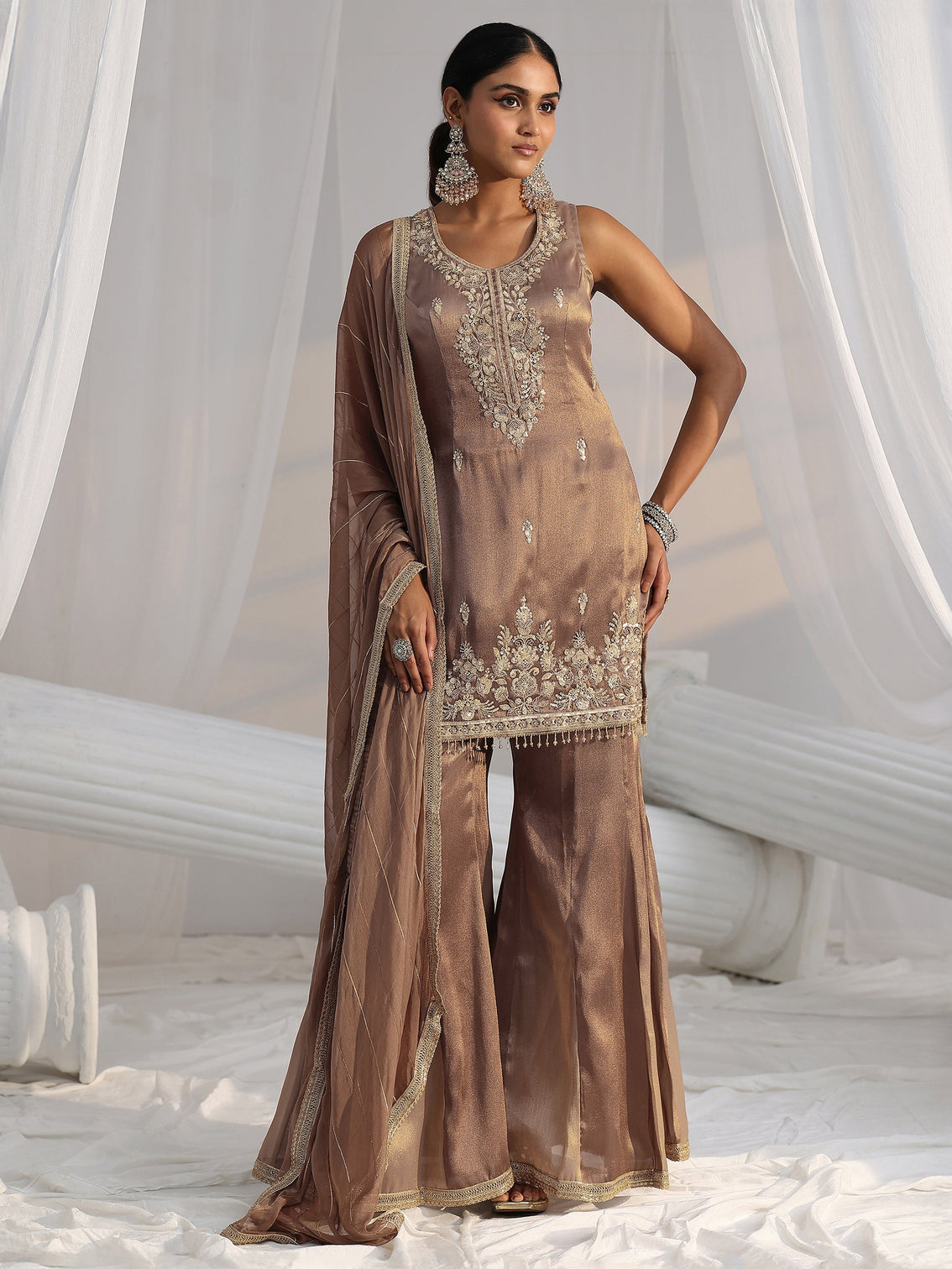 Mameraa Art Taupe Grey Embroidered Sleeveless Tissue Sharara Suit Set