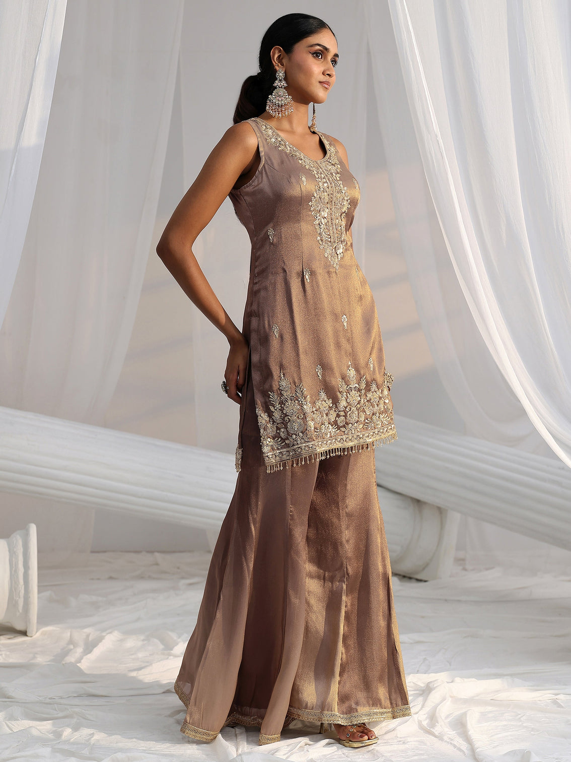 Mameraa Art Taupe Grey Embroidered Sleeveless Tissue Sharara Suit Set