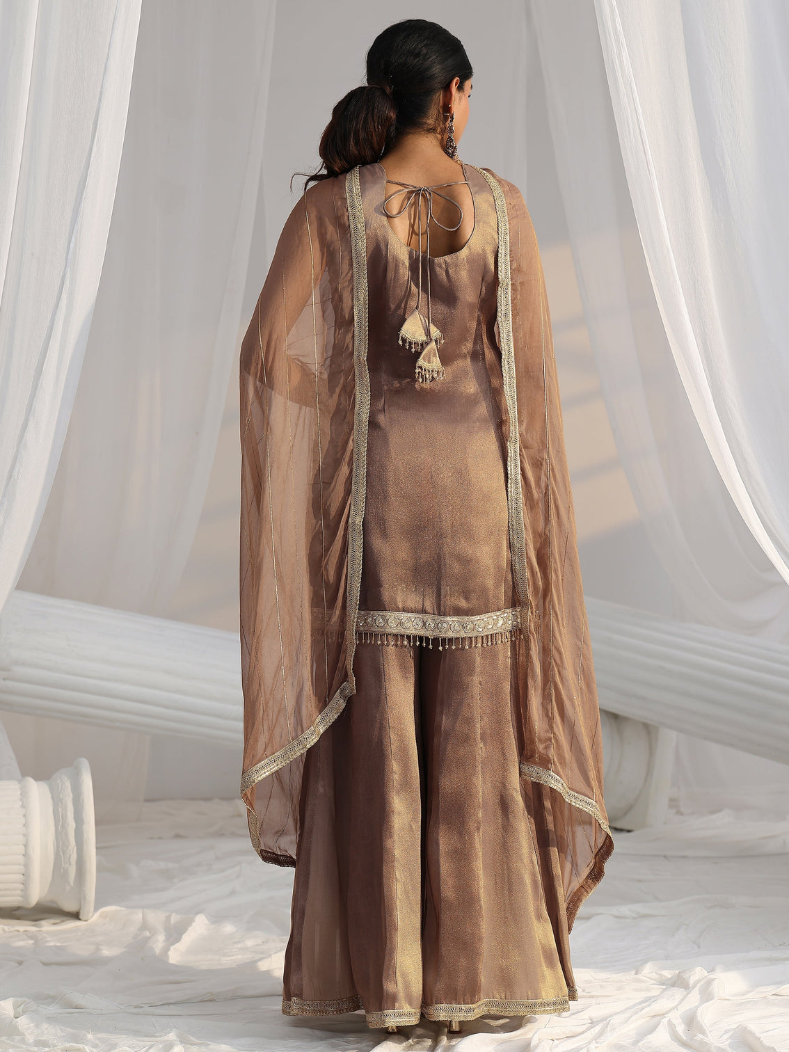 Mameraa Art Taupe Grey Embroidered Sleeveless Tissue Sharara Suit Set