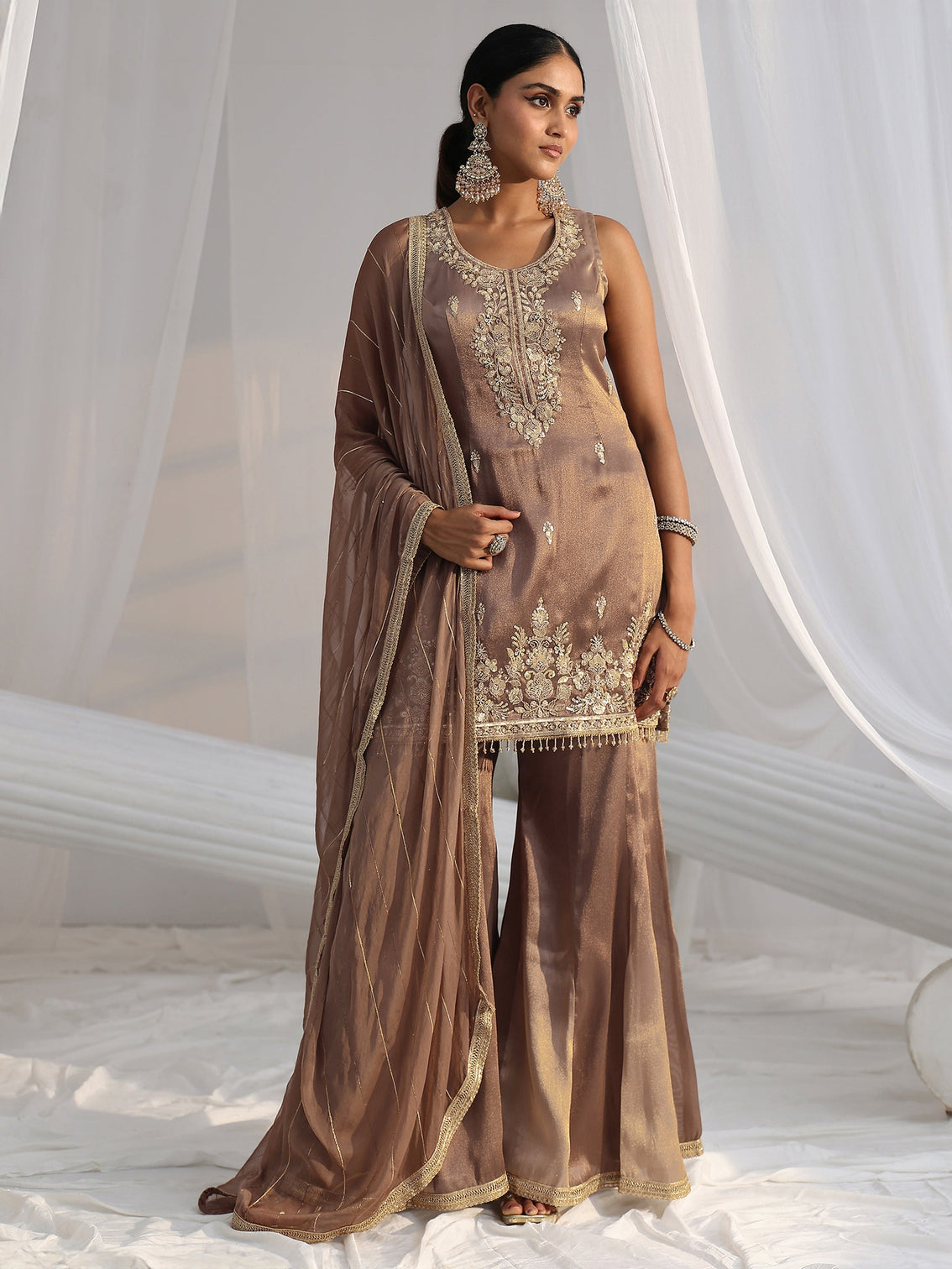 Mameraa Art Taupe Grey Embroidered Sleeveless Tissue Sharara Suit Set