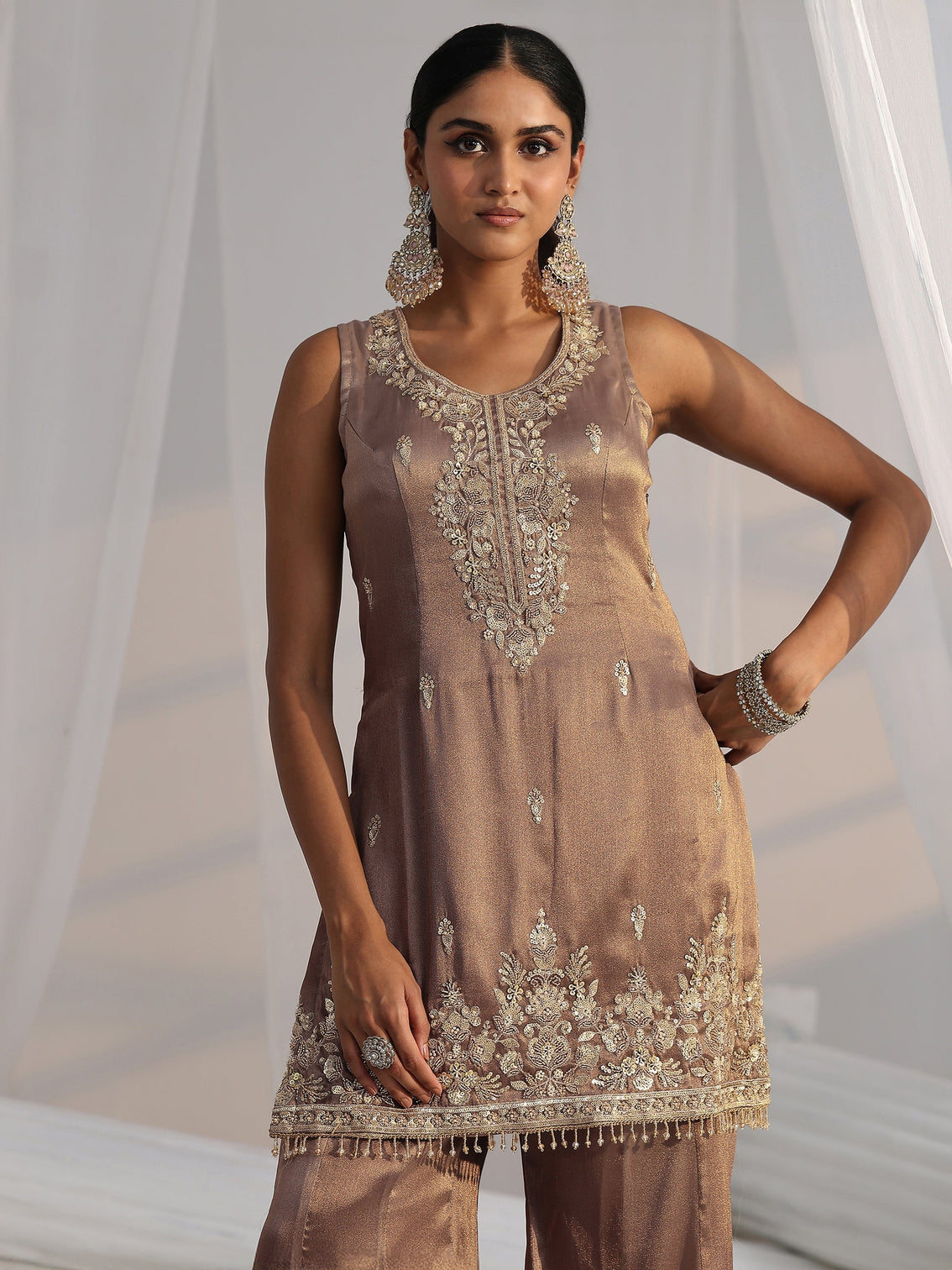 Mameraa Art Taupe Grey Embroidered Sleeveless Tissue Sharara Suit Set