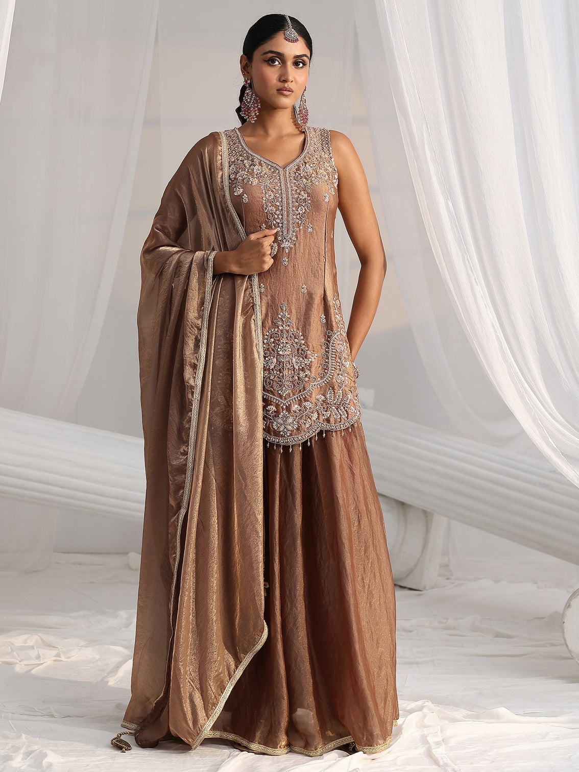 Mameraa Art Mocha Brown Floral Embellished Silk Blend Palazzo Suit Set