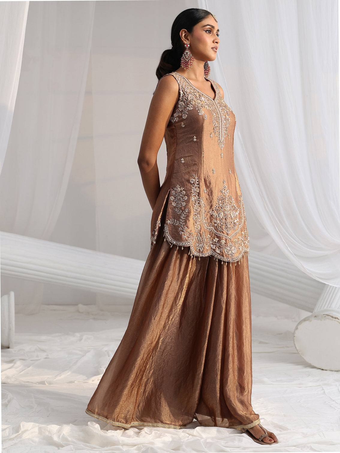 Mameraa Art Mocha Brown Floral Embellished Silk Blend Palazzo Suit Set