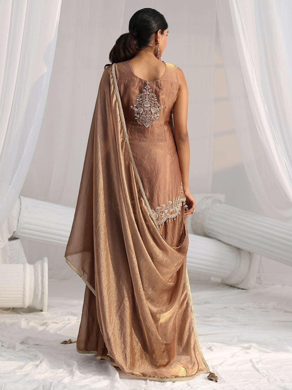 Mameraa Art Mocha Brown Floral Embellished Silk Blend Palazzo Suit Set