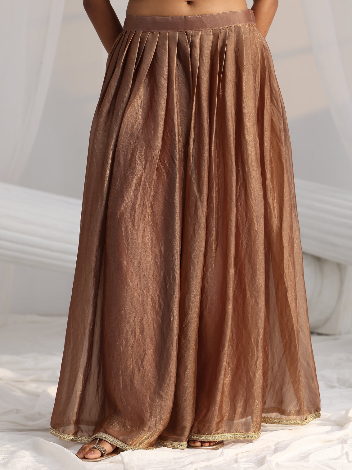 Mameraa Art Mocha Brown Floral Embellished Silk Blend Palazzo Suit Set