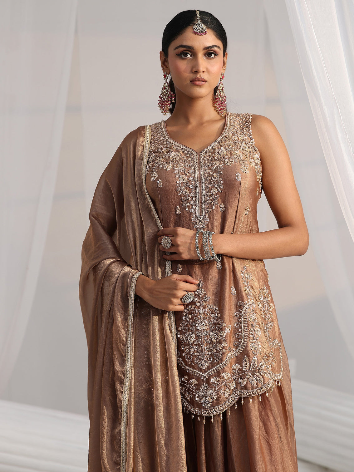 Mameraa Art Mocha Brown Floral Embellished Silk Blend Palazzo Suit Set