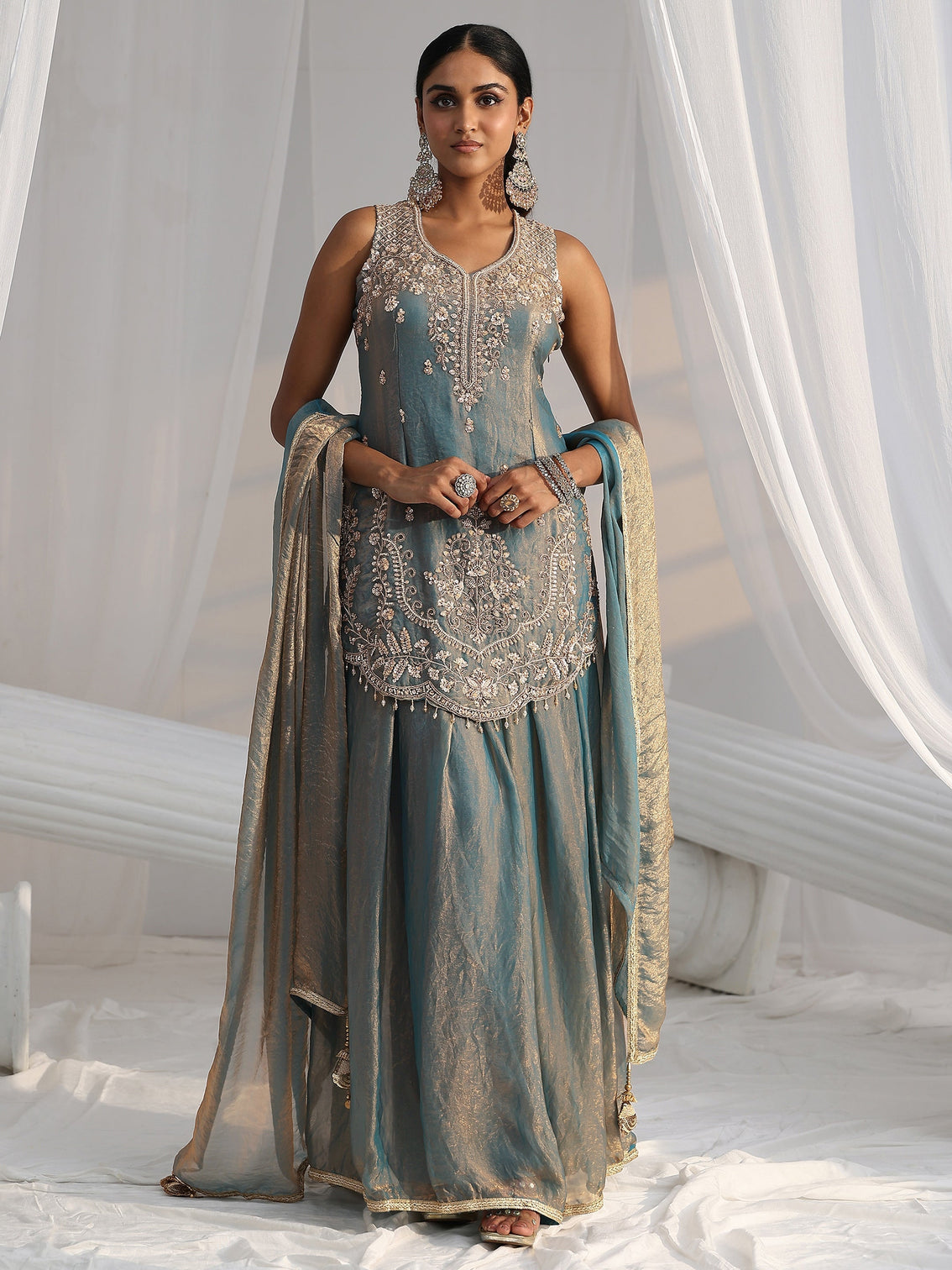 Mameraa Art Blue Floral Embroidered Sleeveless Silk Blend Palazzo Suit Set