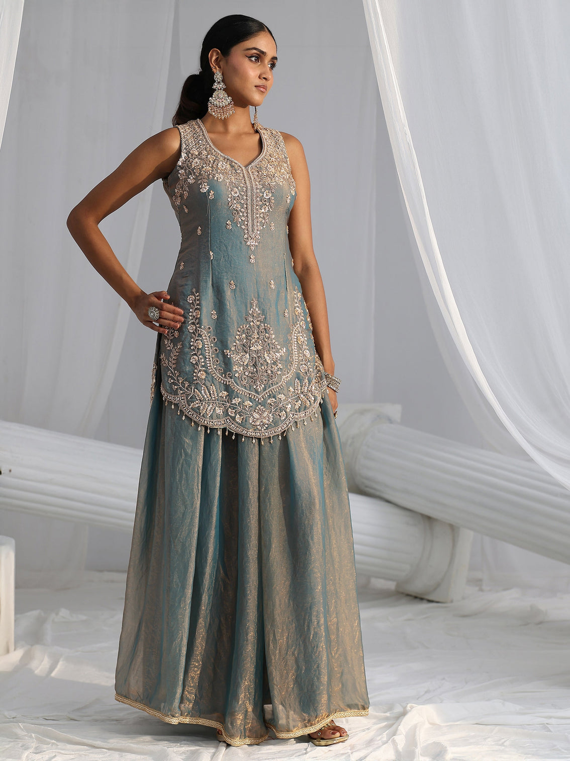 Mameraa Art Blue Floral Embroidered Sleeveless Silk Blend Palazzo Suit Set