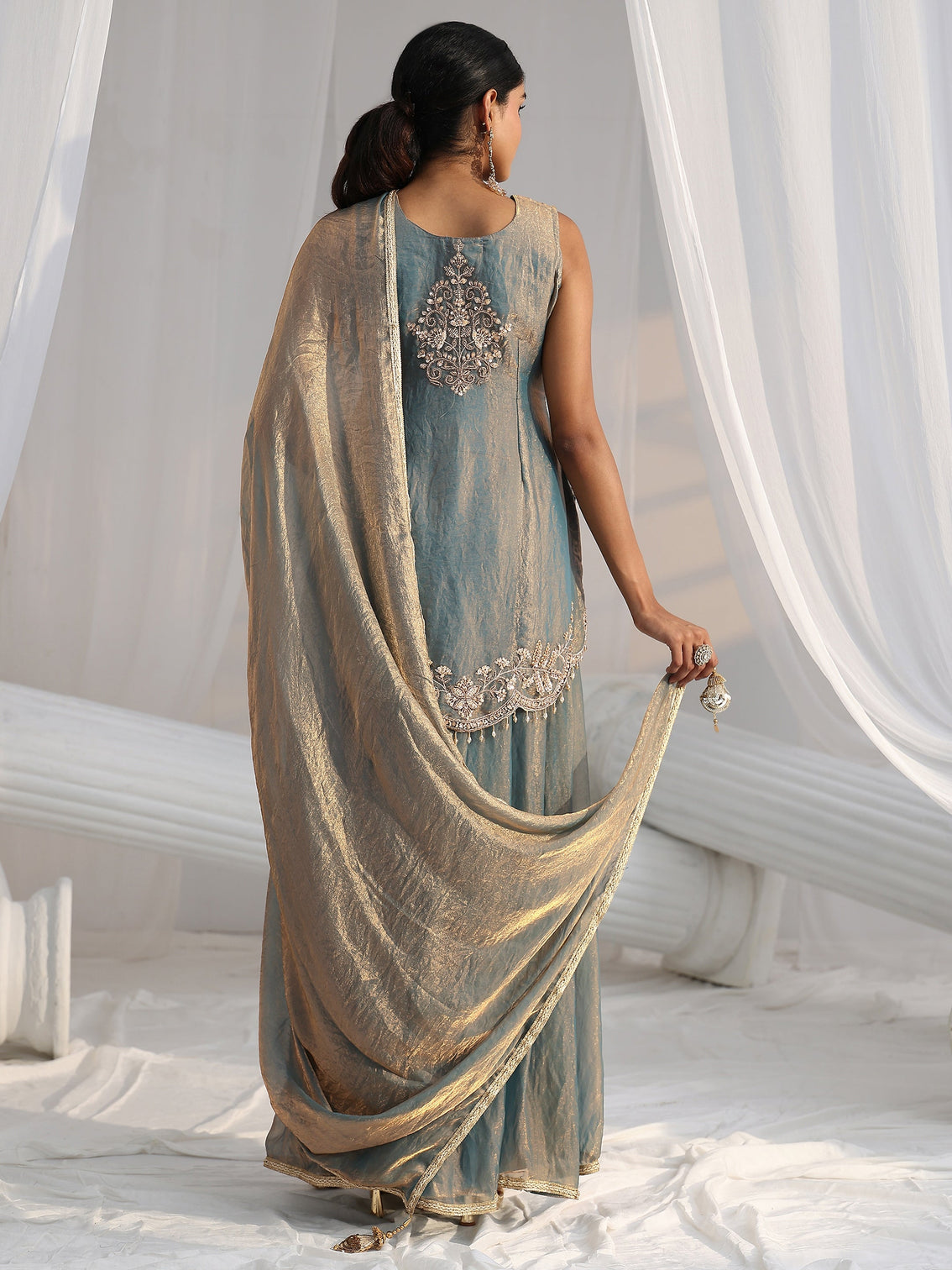 Mameraa Art Blue Floral Embroidered Sleeveless Silk Blend Palazzo Suit Set