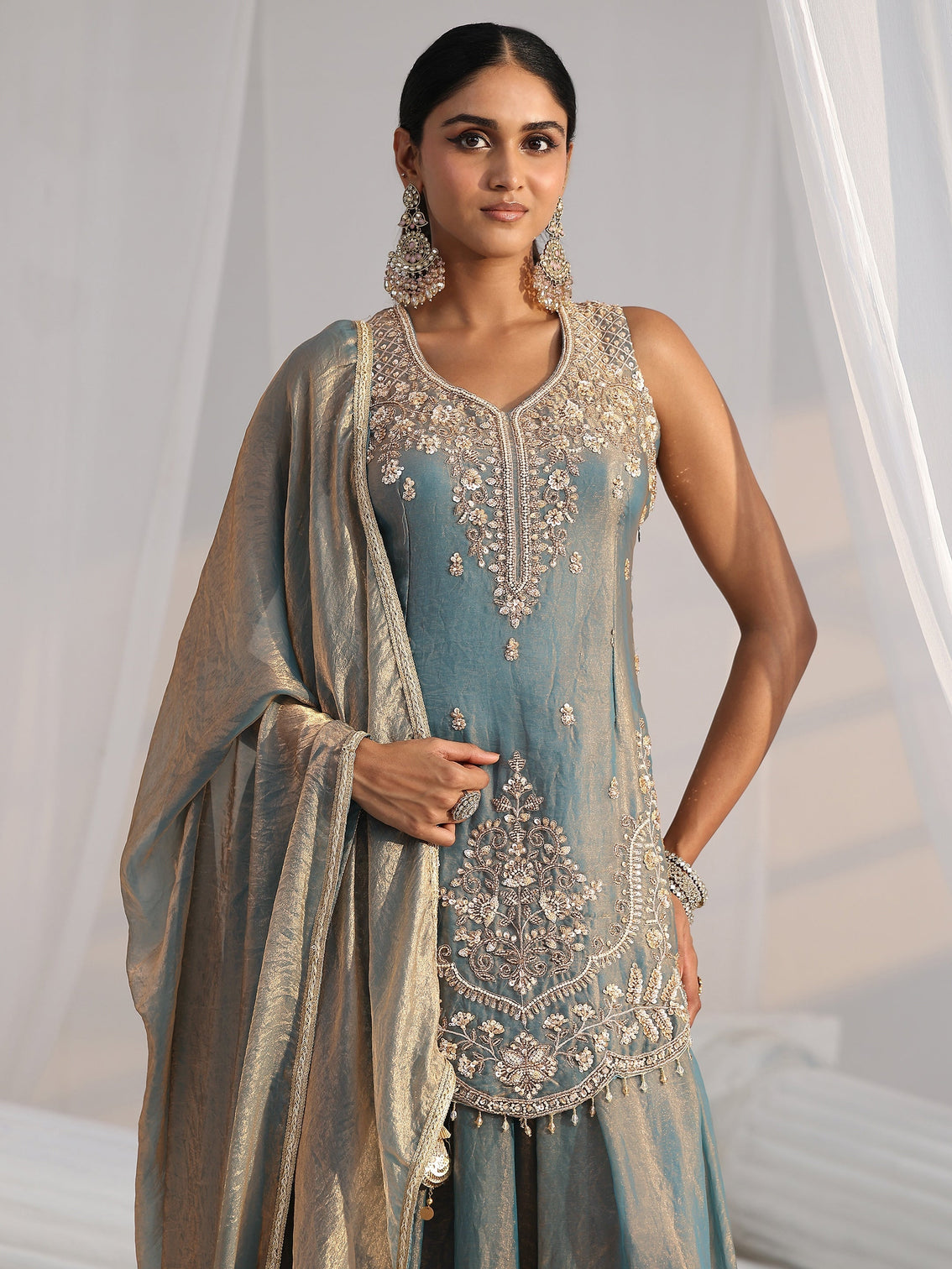 Mameraa Art Blue Floral Embroidered Sleeveless Silk Blend Palazzo Suit Set