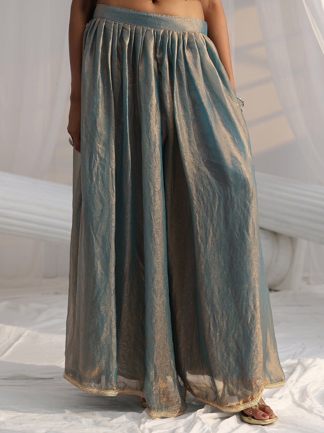 Mameraa Art Blue Floral Embroidered Sleeveless Silk Blend Palazzo Suit Set