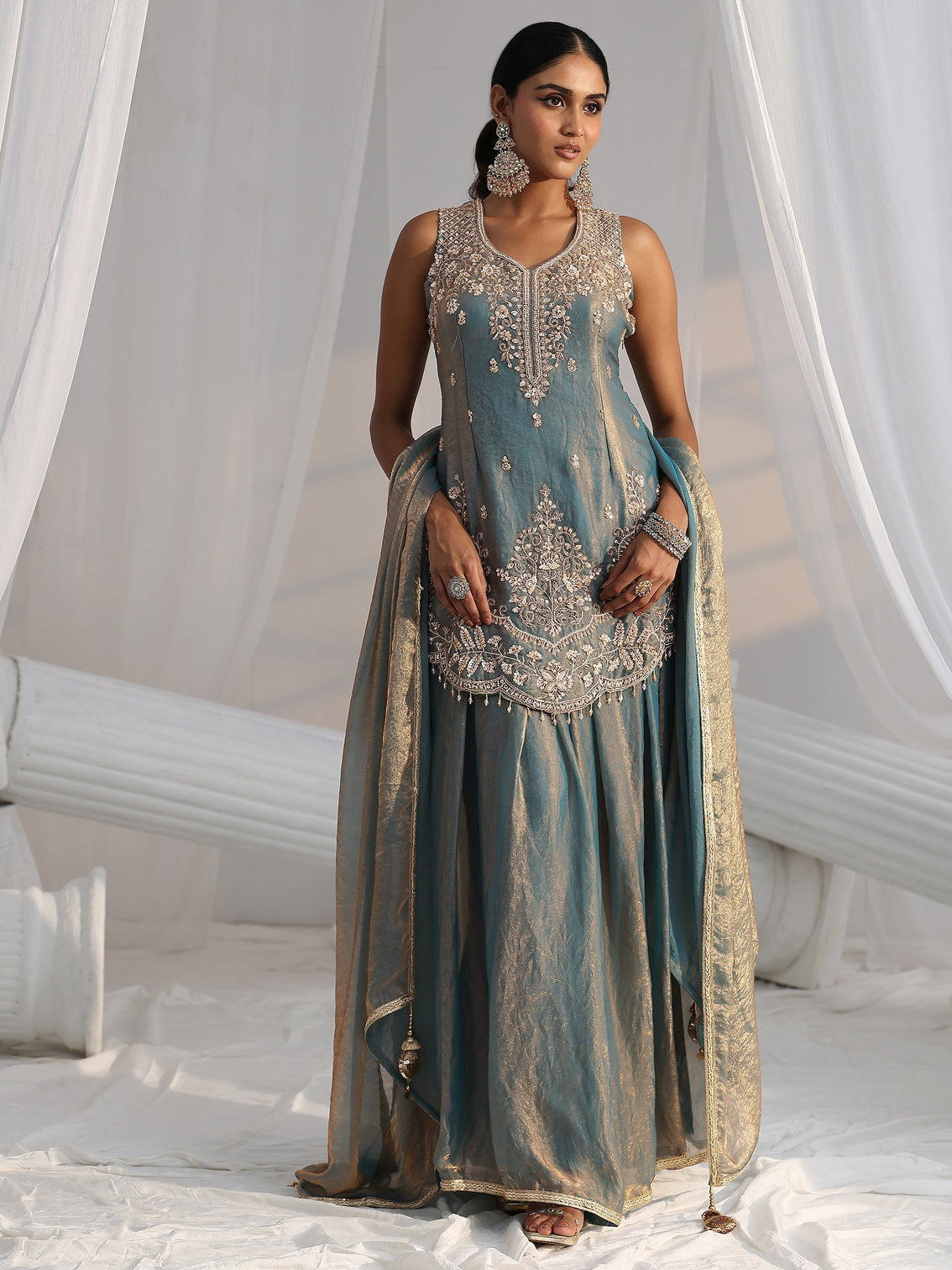 Mameraa Art Blue Floral Embroidered Sleeveless Silk Blend Palazzo Suit Set