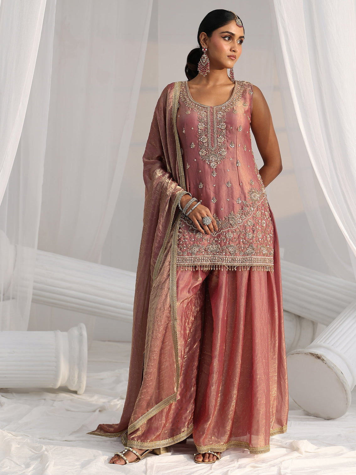 Mameraa Art Dusty Rose Pink Embellished Sleeveless Silk Blend Palazzo Suit Set