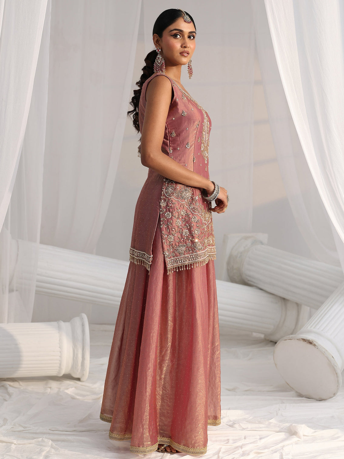 Mameraa Art Dusty Rose Pink Embellished Sleeveless Silk Blend Palazzo Suit Set