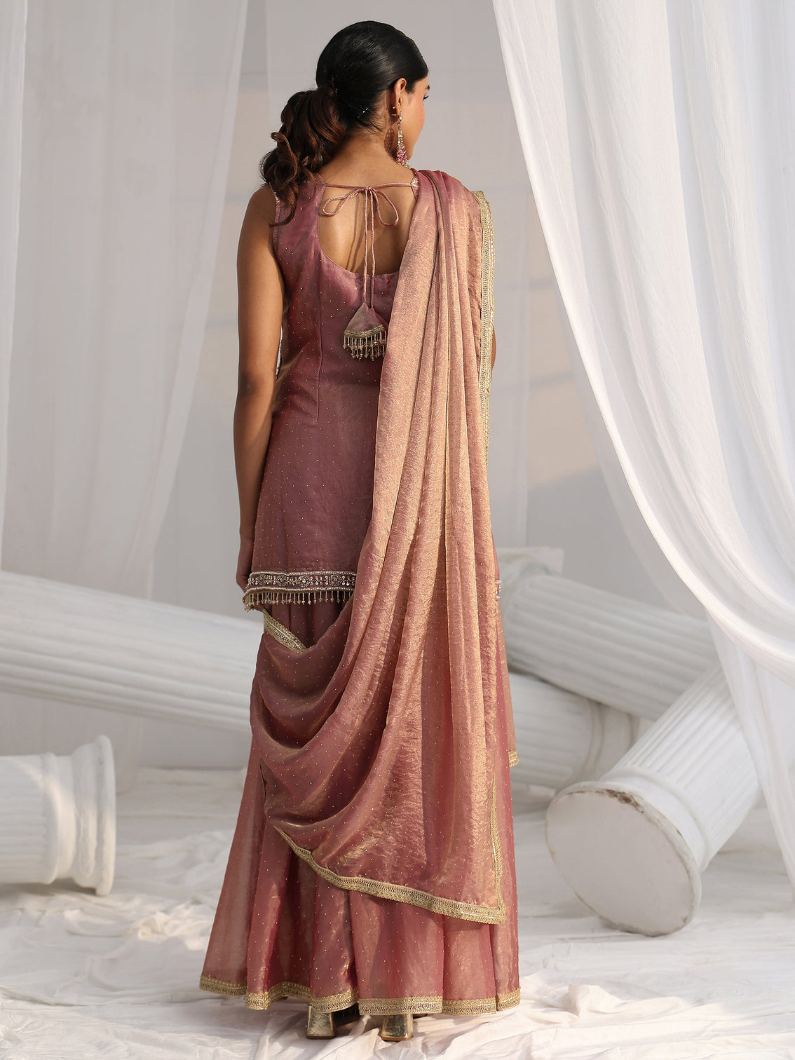 Mameraa Art Dusty Rose Pink Embellished Sleeveless Silk Blend Palazzo Suit Set