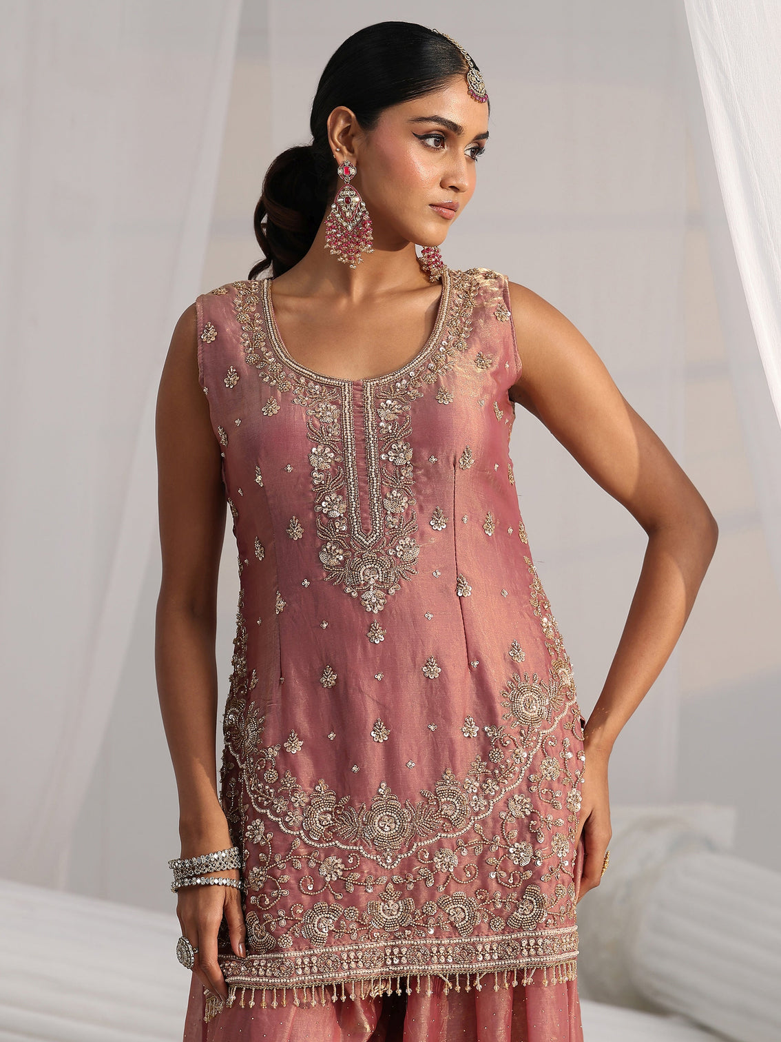 Mameraa Art Dusty Rose Pink Embellished Sleeveless Silk Blend Palazzo Suit Set