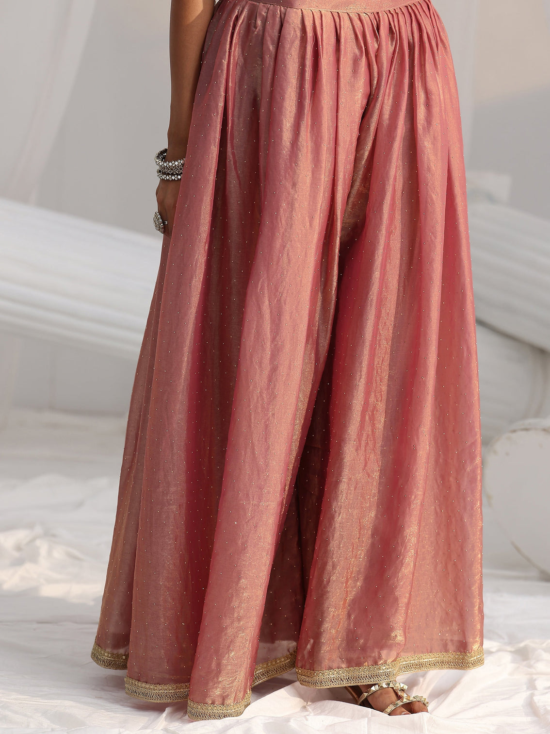 Mameraa Art Dusty Rose Pink Embellished Sleeveless Silk Blend Palazzo Suit Set