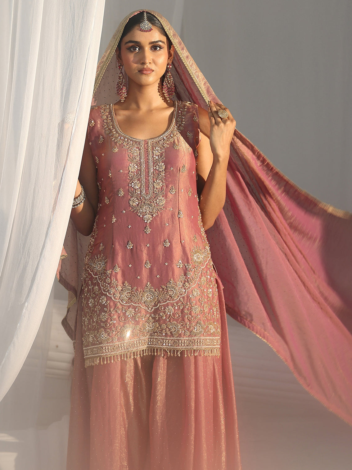 Mameraa Art Dusty Rose Pink Embellished Sleeveless Silk Blend Palazzo Suit Set