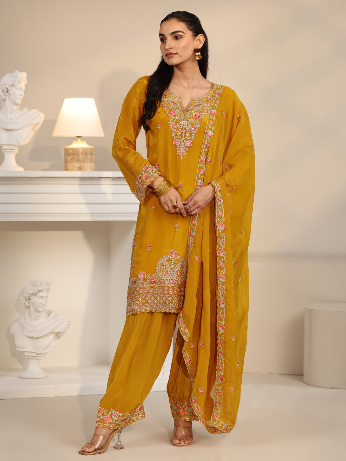 Mameraa Art Yellow Floral Embroidered Organza Straight Suit Set