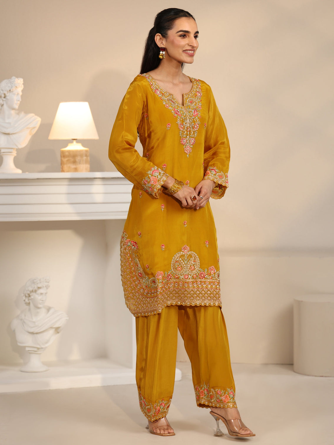Mameraa Art Yellow Floral Embroidered Organza Straight Suit Set