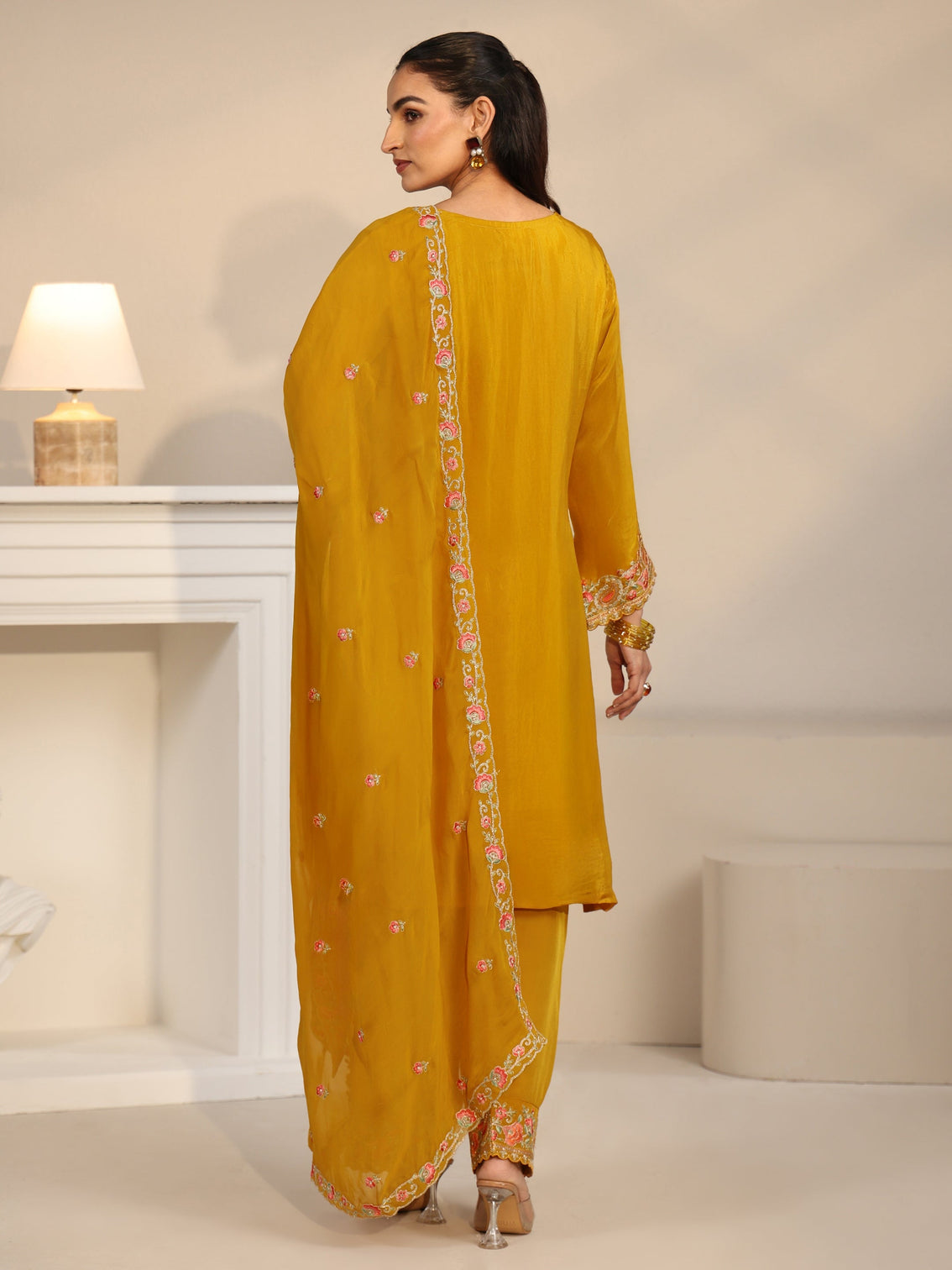 Mameraa Art Yellow Floral Embroidered Organza Straight Suit Set