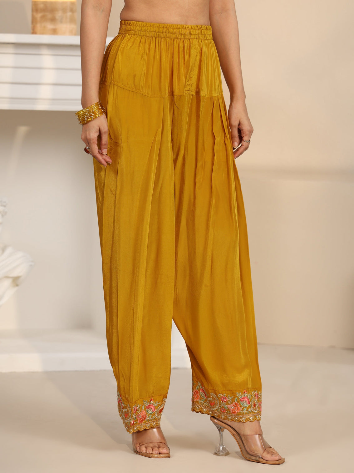 Mameraa Art Yellow Floral Embroidered Organza Straight Suit Set