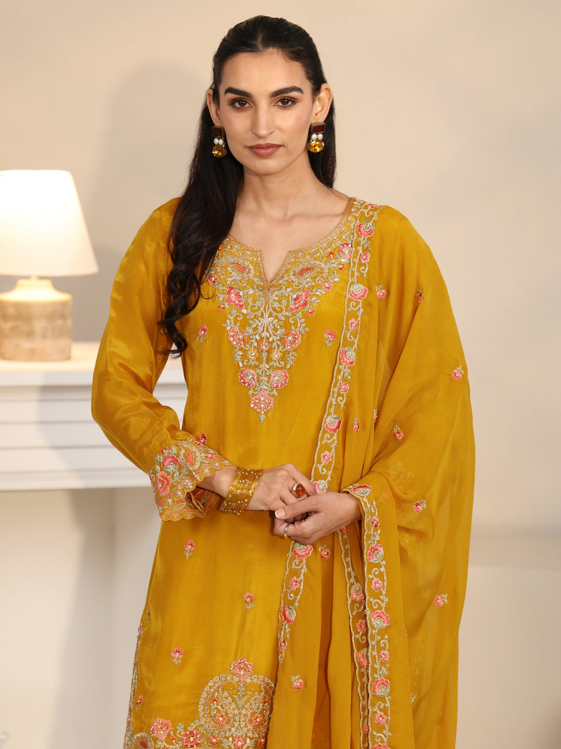 Mameraa Art Yellow Floral Embroidered Organza Straight Suit Set