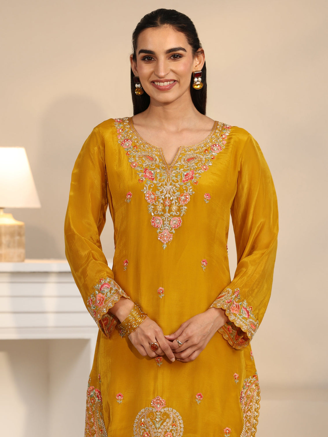 Mameraa Art Yellow Floral Embroidered Organza Straight Suit Set