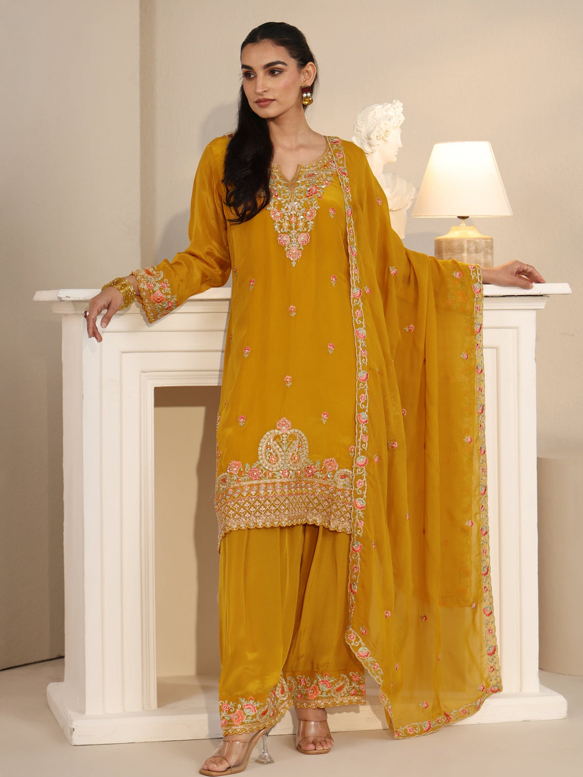 Mameraa Art Yellow Floral Embroidered Organza Straight Suit Set