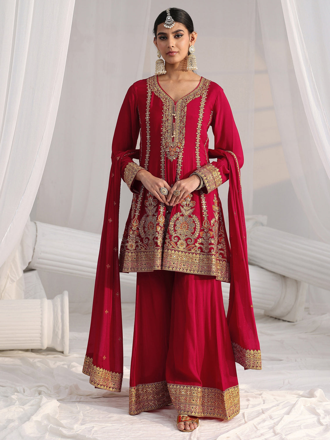 Mameraa Art Red Floral Embellished Chinon A Line Palazzo Suit Set