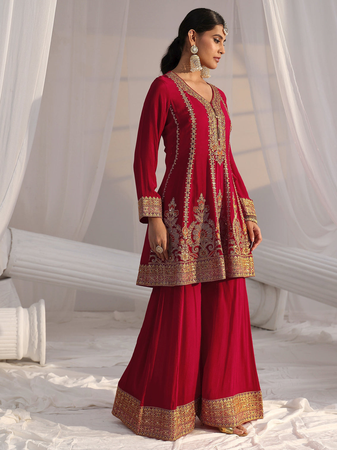 Mameraa Art Red Floral Embellished Chinon A Line Palazzo Suit Set