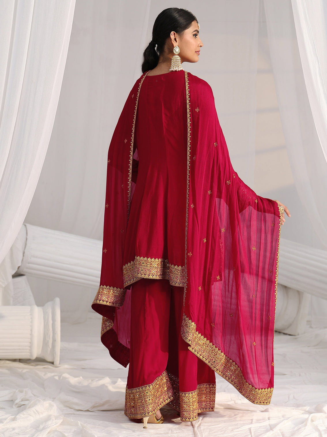 Mameraa Art Red Floral Embellished Chinon A Line Palazzo Suit Set