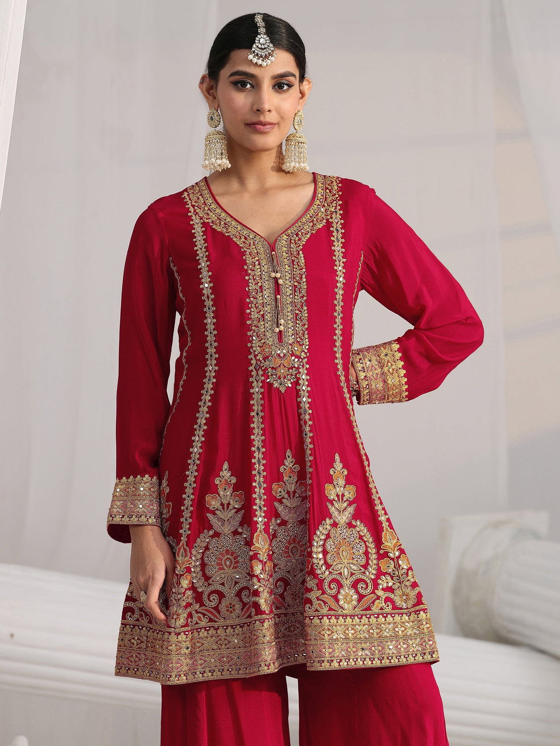 Mameraa Art Red Floral Embellished Chinon A Line Palazzo Suit Set