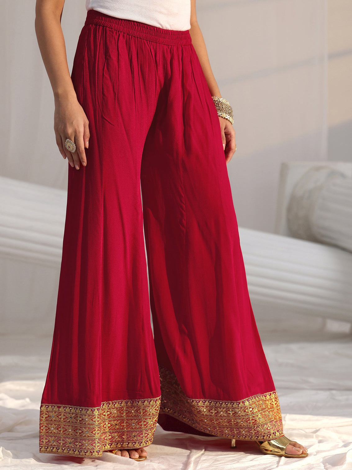 Mameraa Art Red Floral Embellished Chinon A Line Palazzo Suit Set