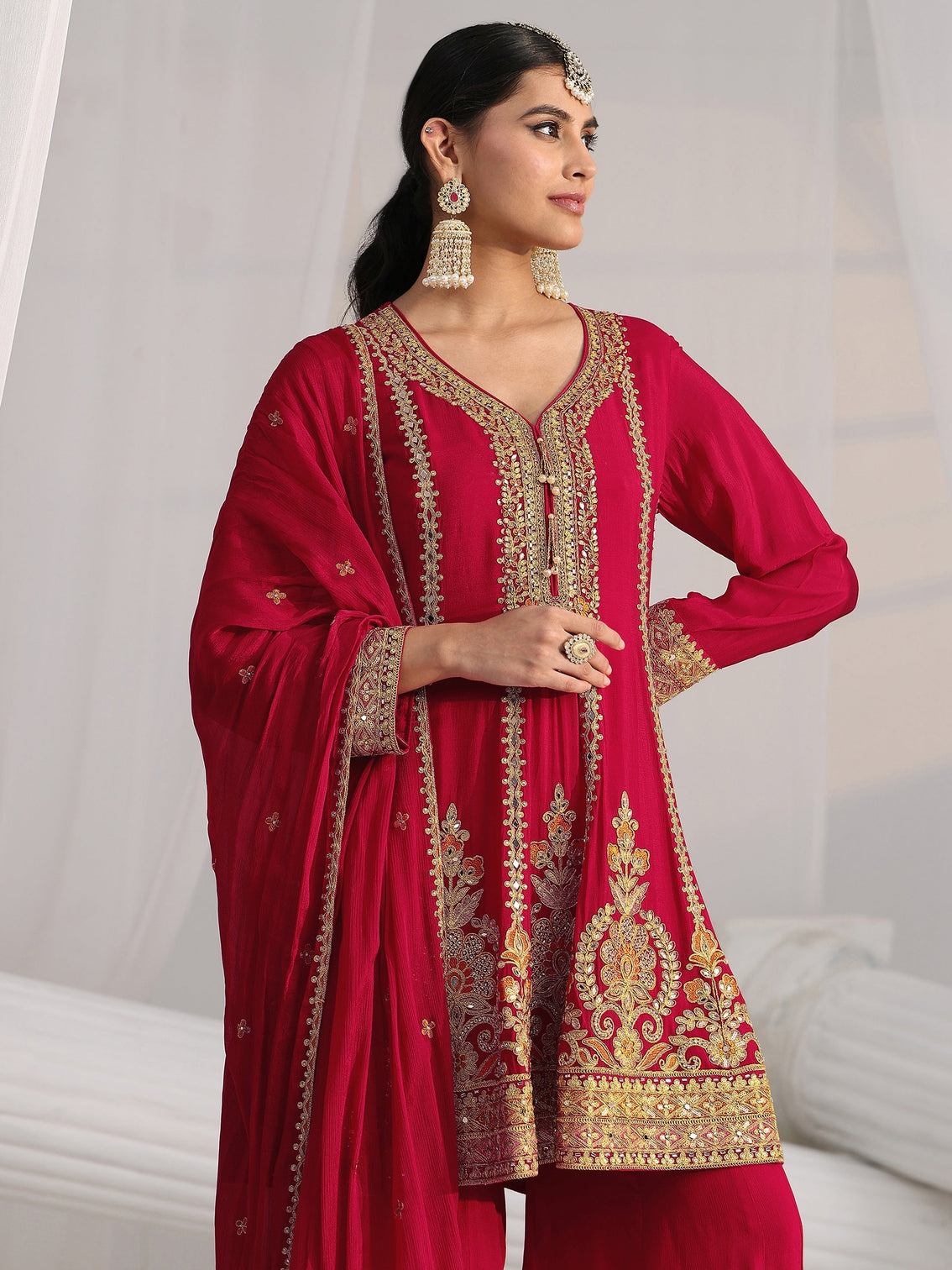Mameraa Art Red Floral Embellished Chinon A Line Palazzo Suit Set