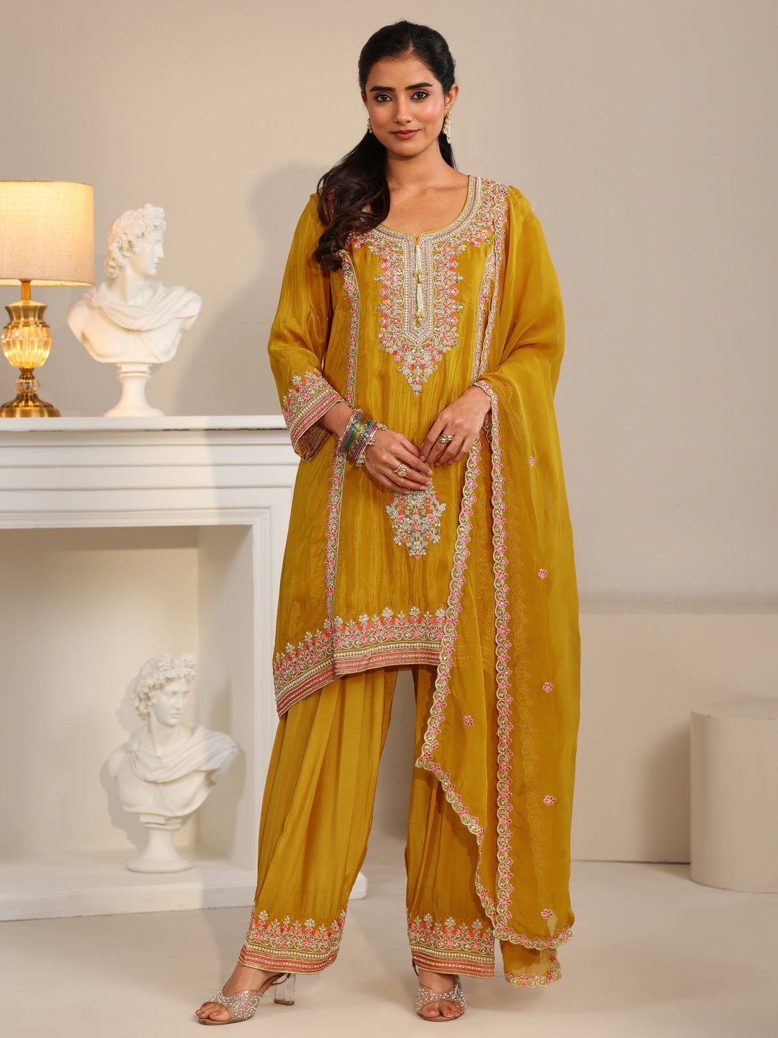 Mameraa Art Mustard Floral Embellished Organza Straight Suit Set