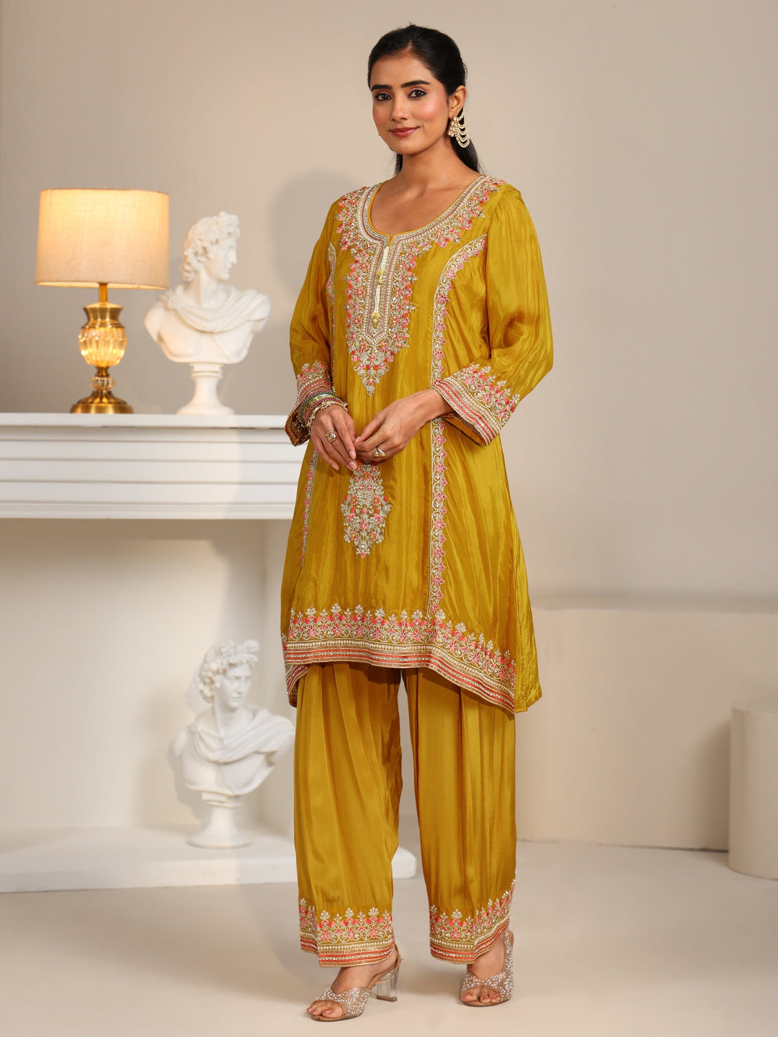 Mameraa Art Mustard Floral Embellished Organza Straight Suit Set