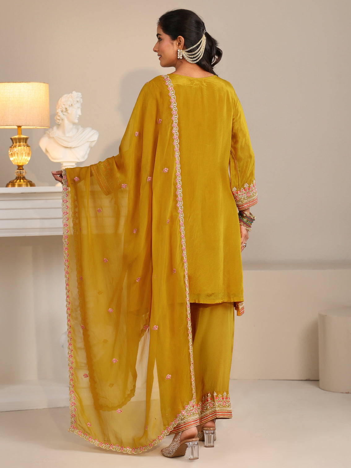 Mameraa Art Mustard Floral Embellished Organza Straight Suit Set