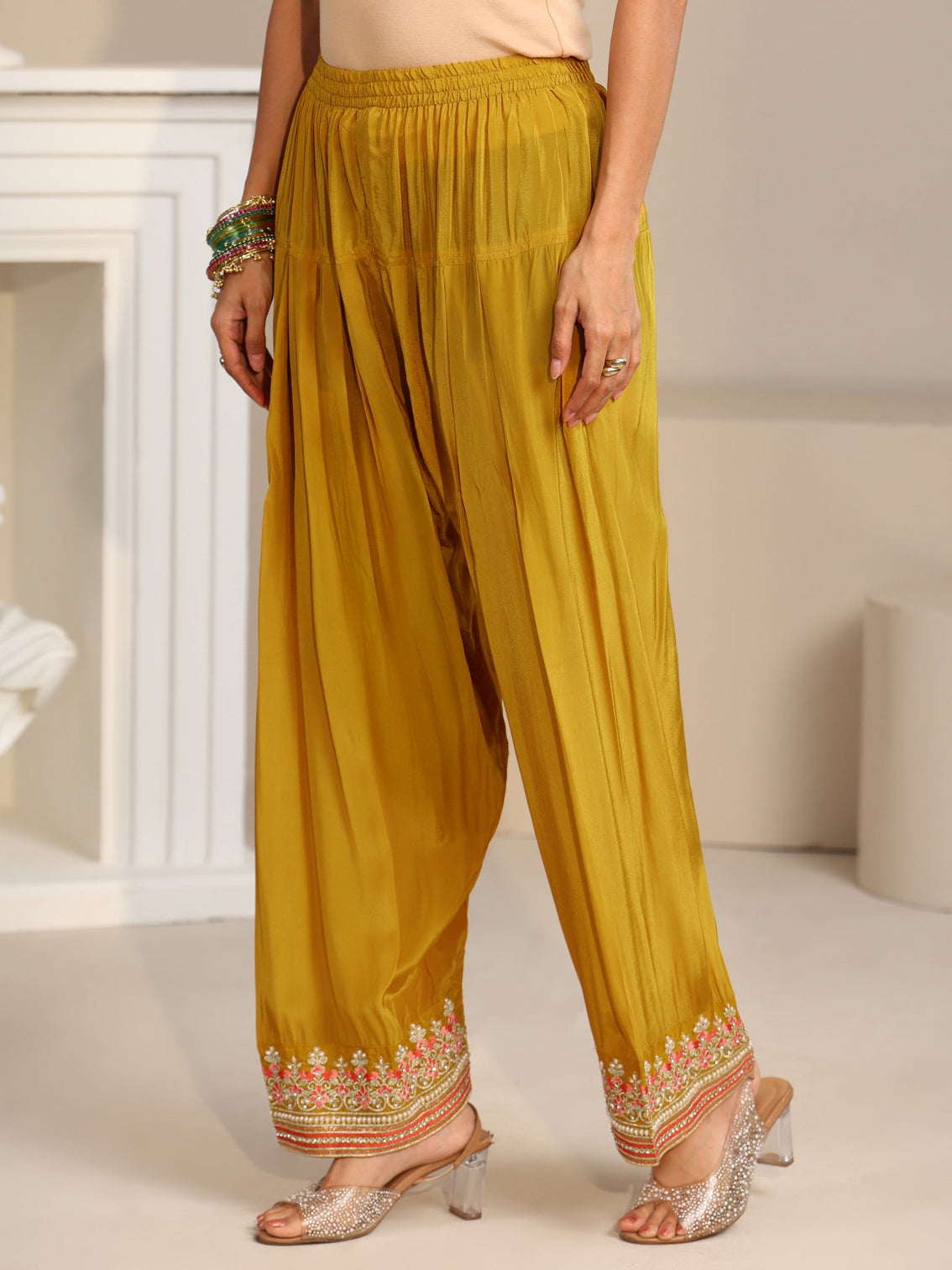 Mameraa Art Mustard Floral Embellished Organza Straight Suit Set